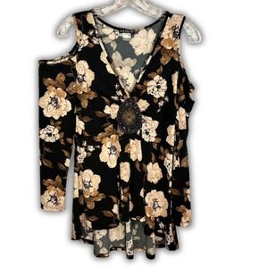Venus M Black Floral Cold Shoulder Tunic Top Fairygrunge Whimsigoth Beaded Boho